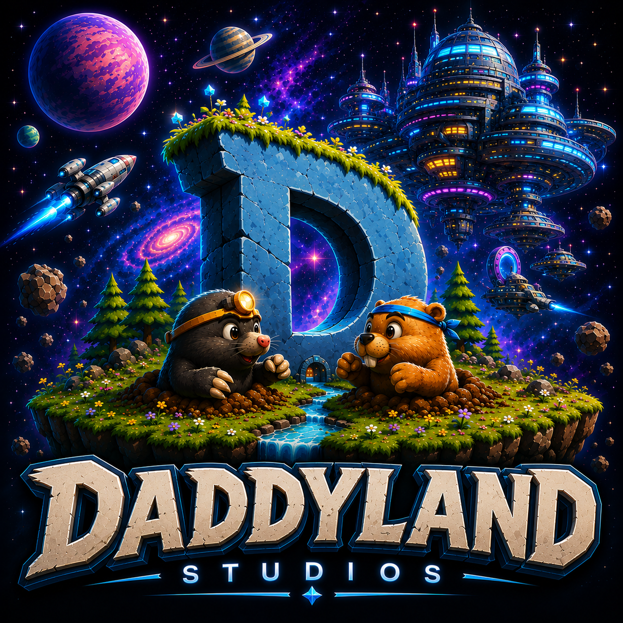 Daddyland Studios — a colorful space world with two friendly woodland characters